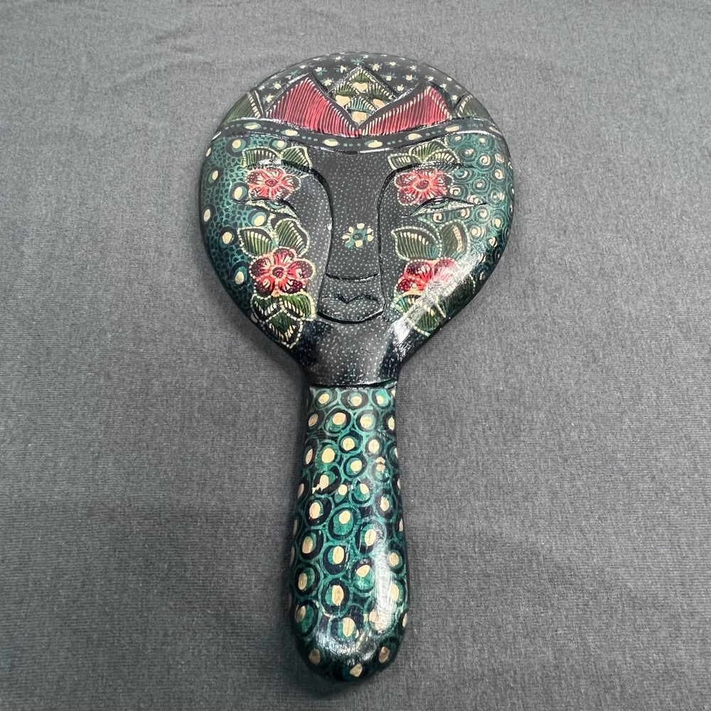 Hand Painted Wood Hand Mirror Teal Floral Folk Art Bohemian Vanity Accessory